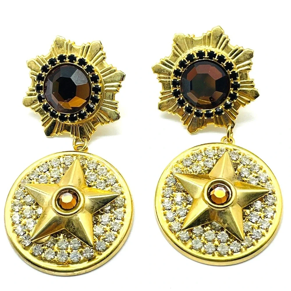 Vintage Pierced Earrings Rhinestone Star Medallion Drop  Cognac Gold Tone